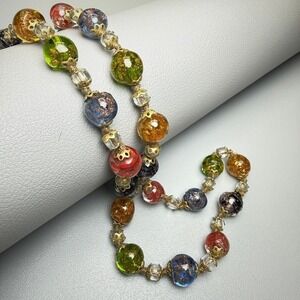 Vintage Venetian Glass Aventurine Bead Necklace 17" Multi Color Gold Fleck MCM